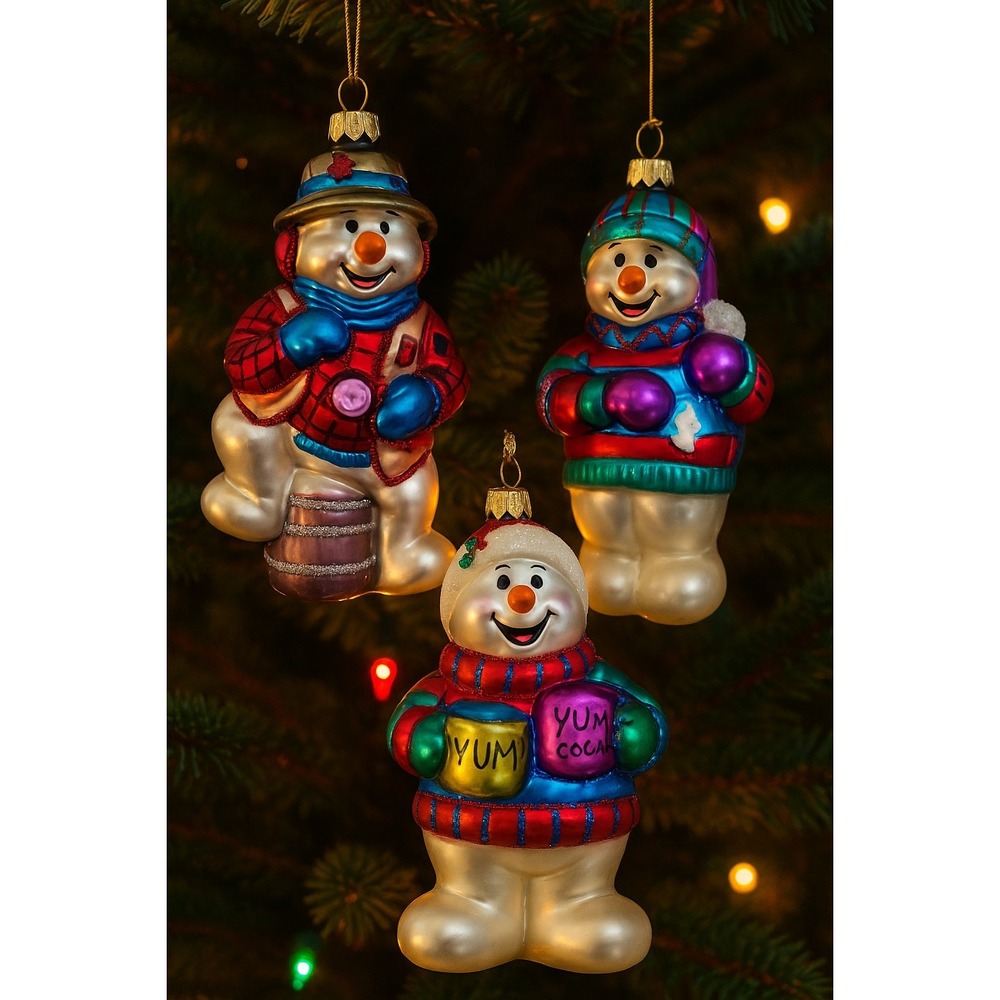 VTG 1990's Set 3 Holiday Time 5" Snowman‎ Ornaments Glass Hand Painted Hot Cocoa